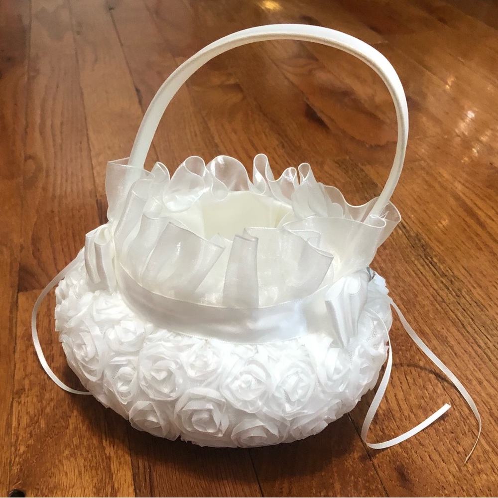 Flower Girl Basket w/Soft Fabric Flower Design on Bottom, Ruffle Trim, Bows &